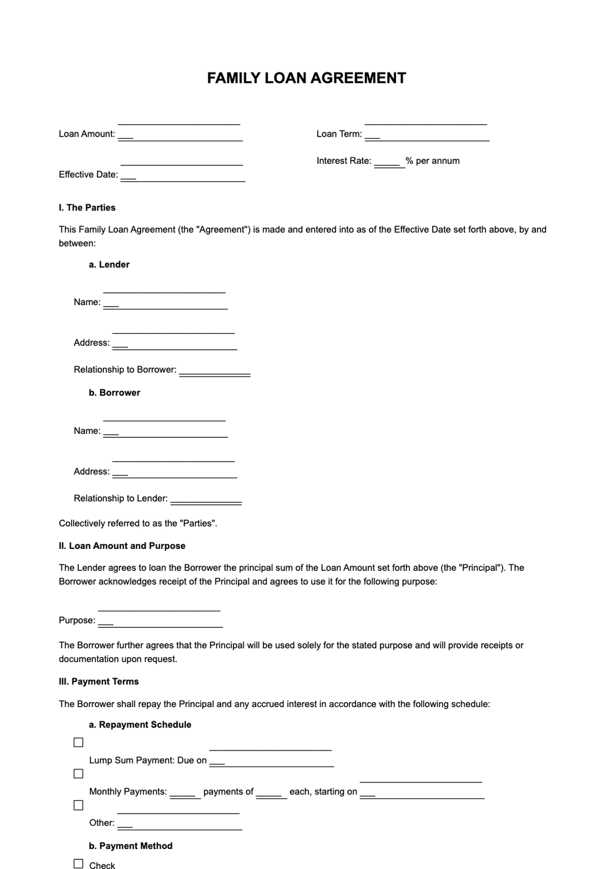 Family loan agreement template with fillable fields for parties payment terms and interest options_variant_2